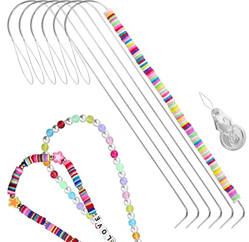 Perlennadeln mit großem Öhr und 1 Perlennadeleinfädler, 13,7 cm, flexible Perlennadel für Perlen-Spinner, Perlen-Spinner-Nadeln für DIY-Perlen, Schmuckherstellung, Handwerk, 6 Stück