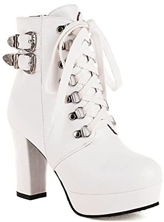 bbruriy High Heel Stiefel für Damen, Damen Chunky Heel Plateaustiefel Heels Sexy Round Toe Lace Up High Heels Mid Wadenstiefel Herbst Winter Mode Kleid Schuh Große Größe 32-48,Weiß,41