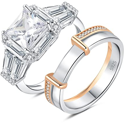 JewelryPalace Halo Anillos Mujer Plata, Anillo de Compromiso 2.6ct Circonita Corte Princesa Diamante Simulado, Anillos Niña Promesa Oro Rosa Piedra, Banda de Boda Conjunto para Novia Joyas de Mujer 9
