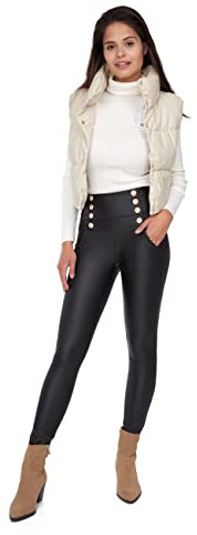 FUTURO FASHION Leggings de invierno con forro polar para mujer, cintura alta, de piel sintética, con bolsillos y botones decorativos, pantalones de cuero para mujer, talla S-5XL, Negro, XXL/3XL