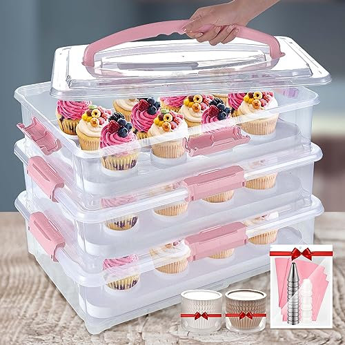 ARC Cupcake-Halter mit 3 Etagen (Pink) – Cupcake-Halter und Kuchentransportbehälter für bis zu 36 Cupcakes oder 3 große Kuchen – BPA-frei, ideal für Partys und Festivals