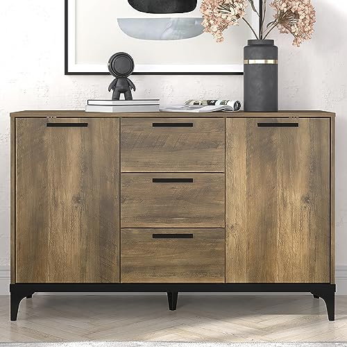 Galano Lawrence 2 Door 3 Drawer Sideboard – Modern Buffet Storage Cabinet with Adjustable Shelves – Organizer Unit for Dining Room, Kitchen, or Living Room – Knotty Oak Finish