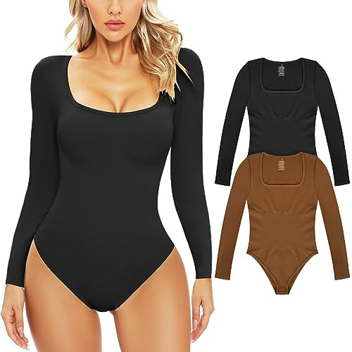 PASUDA Body Femme Manches Longues Body Gainant Skim Sculptant Col Carré Bodysuit Stretch Ventre Plat Slim Fit Couleur Unie Élégante Sexy Chic Top (Noir+Marron, S)