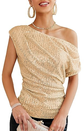 GRACE KARIN Damen Pailletten Oberteil One-Shoulder, Asymmetrisch & Voll Gefüttert, Festliches Party Outfit Champagner Gold S