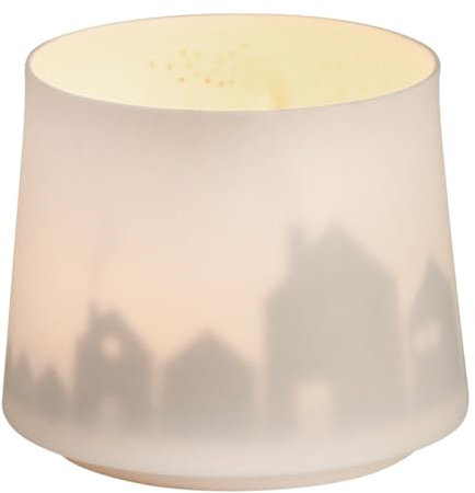 ReWu Living Schattenspiel Stadt Teelichthalter Windlichthalter Wohndekoration Weiß Gold Kerzenhalter Porzellan Lichtspiel 7,5 x 6,5 cm