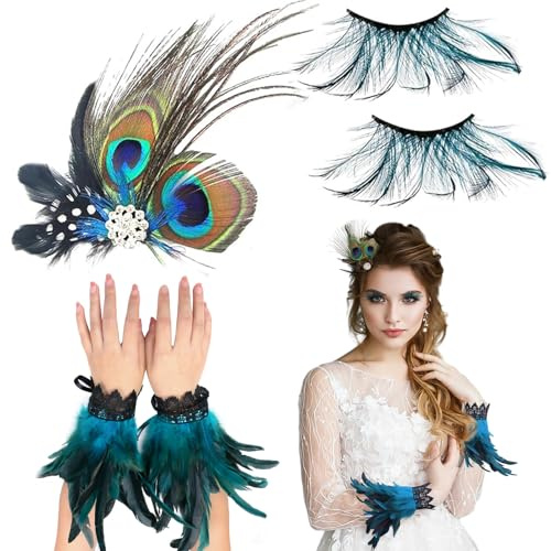 Huahuanghui Feder Manschetten Mit Wimpern und Haarschmuck - Armbänder für Pfau Kostüm Damen - Halloween Karneval Cosplay