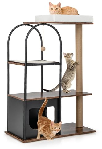 GYMAX Katzenbaum 118 cm, multifunktionales Aktivitätszentrum mit Liegeplatz & Katzenhöhle, Kratzbaum mit Kratzpfosten, Sisalplatte & hängendem Ball, Katzenbaum-Turm für Wohn- & Schlafzimmer (Schwarz)