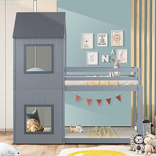 Zravenna Kinder Hausbett Etagenbett 90x200 cm, Kinderbett 2 Kinder mit Treppe, Kinderhochbett Holzbett für Mädchen und Jungen (Grau)