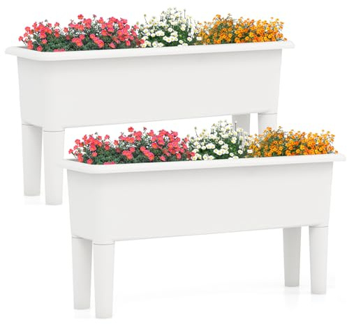 COSTWAY 2er Hochbeet, Gartenbeet aus Kunststoff, 29 L, Pflanzkasten mit abnehmbaren Beinen & Drainageloch, selbstbewässernd, Gemüsebeet Kräuterbeet für Balkon Garten Terrasse, 80x30x40cm (Weiß)