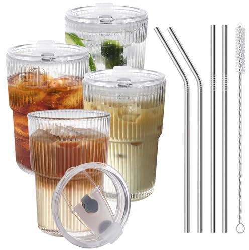 HIGIINC Iced Coffee Cups With Lids and Straws 4 Pcs, 16 OZ Unbreakable Glasses Drinking Set,Clear Plastic Cups Reusable Iced Coffee Tumbler with Lid and Straw, To Go Coffee Cups Dishwasher Safe