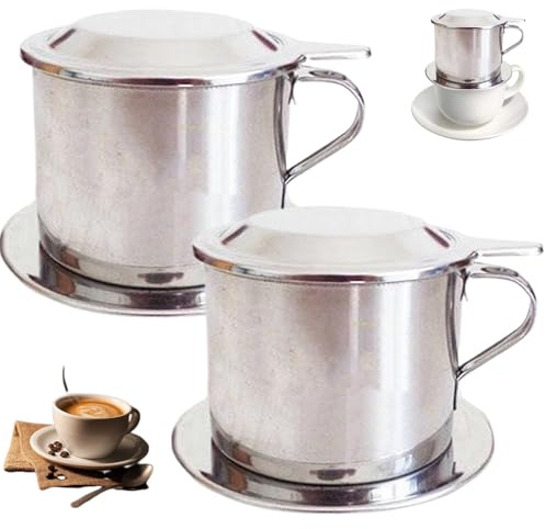 Vietnamese Coffee Dripper 2Pcs Set - Stainless Steel Maker With Handle, Lid, Tray, Filter - Slow Drip Coffee Filter Set