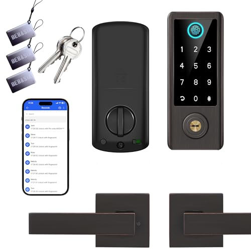 BEBASIA Smart Fingerprint Door Lock with Handle Set, Full App Control, Keyless Entry, Electronic Digital Touchscreen Keypad, Deadbolt Smart Locks for Front Door, Auto Lock, Aged Bronze
