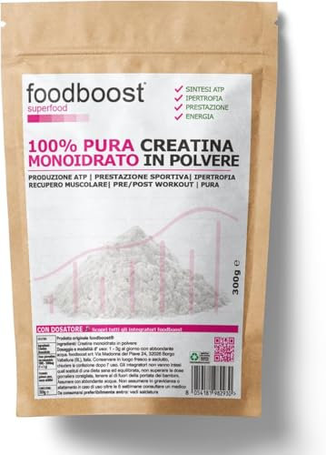 Creatina Monoidrato pura in polvere 300 g foodboost - pure - con dosatore - per performance atletica, massa muscolare, marchio di fiducia italiano, pre workout - 150 DOSI