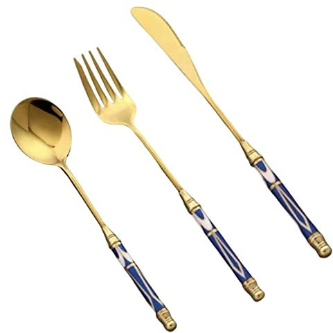 HPTHLY Ensemble De Couverts en Acier Inoxydable 304 Plaqué Or, Ensemble De Couverts, Fourchette À Dessert, Couteau, Cuillère, Couteaux De Table, Manche en Céramique, Couverts pour Restaur