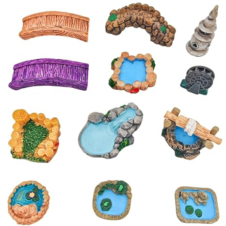 YOZIEMQ Miniature Garden Accessories - 12PCS Micro Landscape Ornaments with Pond, Lighthouse, Bridge,Realistic Resin Decor for DIY Crafts, Gift for Plant & Home Decor Lovers (Classic Garden Style)