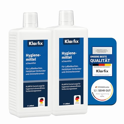 Klarfix Hygienemittel schaumfrei | Konservierungsmittel für Luftbefeuchter, Luftreiniger, Luftwäscher, Zimmerbrunnen & Heizkörper-Verdunster | Hält Wasser hygienisch & kalkfrei (2x 1.000 ml)