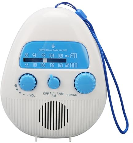 AM FM Shower Radio, Water Proof Hanging Bathroom Radio, Built in Speaker, Battery Operated with Rotating Knob for Easy Tuning and Volume Control