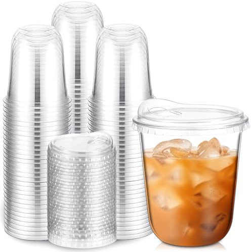 Vasos de plástico transparente con tapas sin popote, 100 tazas desechables Togo para café, batidos y bebidas frías, ideal para cafeterías y catering de fiestas (12 onzas)