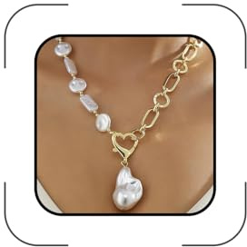 Collana con ciondolo di perle barocche dorate chunky per donne vintage a forma di pere e cuore con catena girocollo boho irregolare con perline a goccia collana gioielli accessori, Grande, Metallo