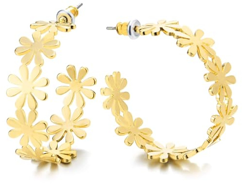 Créoles Fleur Dorée pour Femme, Boucle d'Oreille Anneaux Ouverts avec Motif Marguerite, Bijoux Floraux Tendance