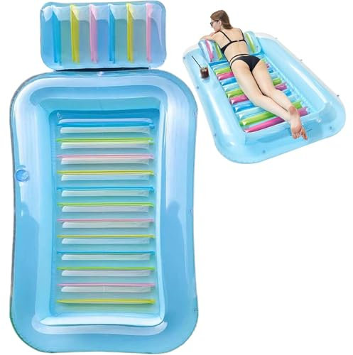 WuDLi Aufblasbare Sonnenliege, Solarium Pool Bett mit Kissen, 69x43x8 Zoll PVC aufblasbare Sonnenliege mit Getränkehalter, tragbare aufblasen Pool schwimmt für Erwachsene Kinder Strand Sonnenbaden