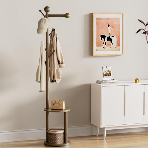 Polegas Garderobenstände Massivholz,360°drehbarer Kleiderständer, 8 Haken und 2 Ablageflächen, für den Eingangsbereich, das Schlafzimmer oder das Büro, zum Aufhängen von Mänteln, Hüten und Taschen