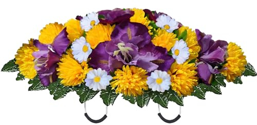 Wkczhod Artificial Spring Iris Mums Daisy Cemetery Flowers Outdoor Grave Decorations - Saddle Arrangement for Headstone,Outdoor Tombstone Memorial Decorations, Easy Fit (Yellow Purple White)