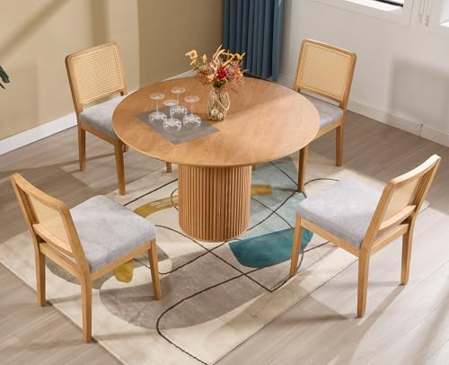 DAYALANE Dining Chairs Set of 4 Rattan chair with Breathable Back and Upholstered Chenille Cushion, Wooden Accent chairs for Dining Room Kitchen Living Room Grey