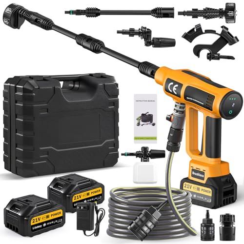 Bellanny Akku Hochdruckreiniger, 21V 200Bar Tragbarer Druckreiniger, Kabellose Hochdruckpistole | 4 Geschwindigkeiten,2 akkus,6-in-1 Düse,5m Schlauch, Pressure Jet Washer für Auto Fenster Gärten Boden