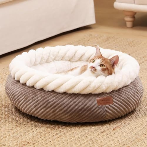 FUKUMARU Katzenbett waschbar Katzen Bettchen, 55x55x21cm Katzenkorb mit erhöhtem Rand, weiches Bett aus Cord, rutschfeste Unterseite, groß,kamelfarben