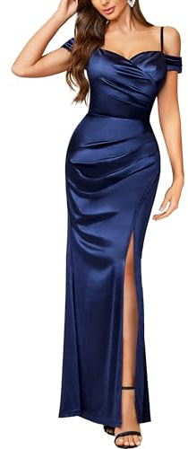 MIUSOL Women's Elegant Off-Shoulder High Split Satin Wedding Cocktail Party Ceremony Maxi Dress