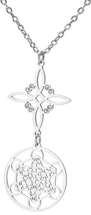 LIKGREAT Collier Nœud de Sorcière Collier Cube de Metatron Pendentif Géométrique en Acier Inoxydable Double Amulette Bijoux de Protection pour Femme (1-Argent)