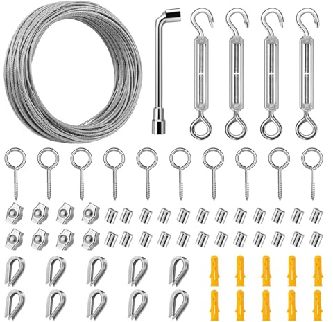 Stainless Steel Wire Rope Garden Line Kit 3mm x 30m, Includes Screw Clamps/Rope Clips/Crimping Rings and Other Accessories, Multi-Purpose Metal Cable Suitable for Garden Vine Support, Clothesline, Rai