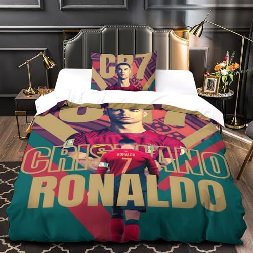 ZIMONJO Ronaldo 2 Pezzi 3D Stampa Digitale Calcio Copripiumino Set Copripiumino Microfibra Morbido Con Cerniera E Federe Set Di Biancheria Da Letto Per Bambini Single（135x200cm）