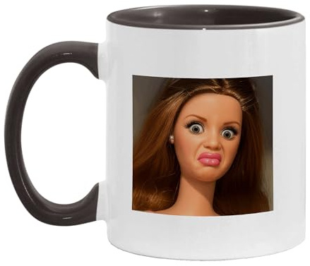IVISION LEARNING LTD Funny Doll Face Disgusted Reaction Unhinged Meme Two-Tone Accent Ceramic Mugs, Sarcastic Coffee Cups, 11oz 15oz, Humorous Gift Idea