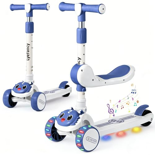 Lyefancy 3-Rad-Roller für Kinder im Alter von 2–8 Jahren, 2-in-1-Kinderroller mit abnehmbarem Sitz, Klapproller mit Musik und leuchtenden Rädern, höhenverstellbar, durch Gewichtsverlagerung lenkbar