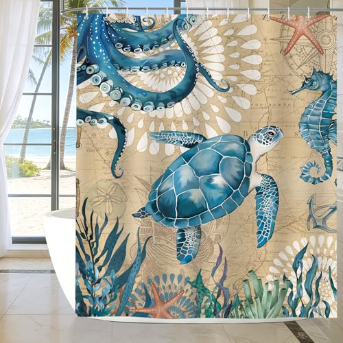 hometrixx Retrò Tenda Doccia Tartaruga Marina Ippocampo Polpo 180x200cm | Tende da doccia impermeabili in poliestere, antipiega ad asciugatura rapida, per bagno, lavabili in lavatrice con 12 ganci