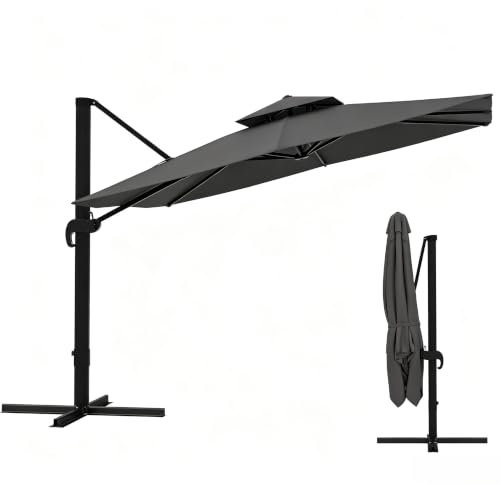GarveeHome Parasol de Jardin Extérieur, Parasol Déporté Carré 3x3M à Manivelle, Inclinable et Rotation à 360°, Protection UV, Socle en Croix, pour Terrasse, Patio, Balcon, Plage (Gris)