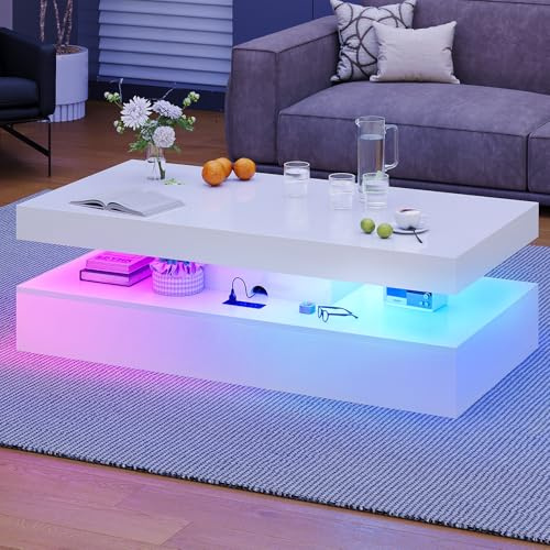 Nordivale Modern Coffee Table with LED Lights, 2 Drawer Storage, Wooden Coffee Table with Charging Station, USB Ports & Power Outlet, Rectangle Coffee End Table for Home, Office & Living Room - White