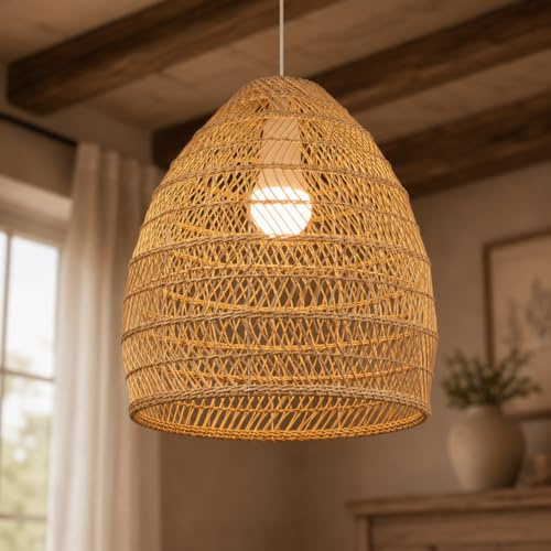 Hängeleuchte Rattan 35cm, Boho Lampe E27, Handgefertigte Wicker Deckenlampe, Lampenschirm Rattan für Esstisch, Schlafzimmer, Wohnzimmer, Küche, Flur, Pendelleuchte Natur, ohne Leuchtmittel