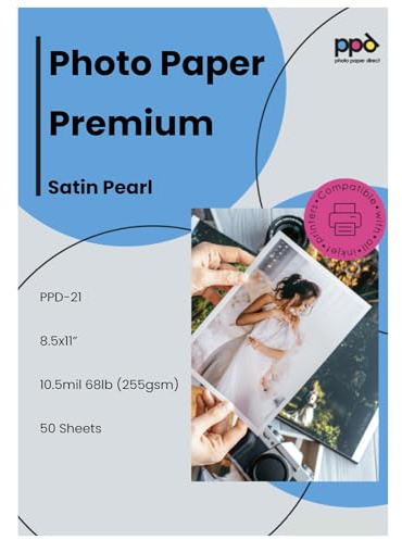 PPD Satin Photo Paper for Inkjet Printer, Premium Semi Gloss Luster Finish 8.5x11 Size Sheets for Printable Photos, Thick 255 gsm 68 lbs 10.5 mil, White, Water Resistant & Instant Dry Prints (50 Pack)