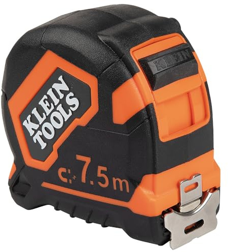 Klein Tools 9375 Tape Measure, Heavy-Duty Measuring Tape with 7.5 m Metric Double-Hook Double-Sided Nylon Reinforced Blade, Metal Belt Clip