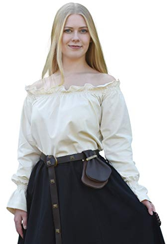 Battle-Merchant Mittelalter Langarm Carmenbluse aus Baumwolle für Damen | schulterfreie langärmlige Boho Bluse S-XXL | Halloween Karneval Kostüm (Natur, S)