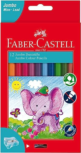 Faber-Castell Jumbo Buntstifte 12 Farben + Spitzer in einer Kartonbox, mehrfarbig, 111622, klassisch