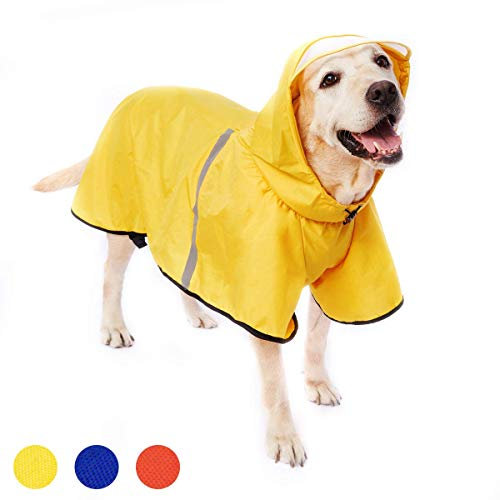 Hunde Regenmantel Regenjacke mit Kapuze & Kragenloch & Reflektierender Streifen wasserdichter Hundemantel für mittelgroße große Hunde 5XL Gelb