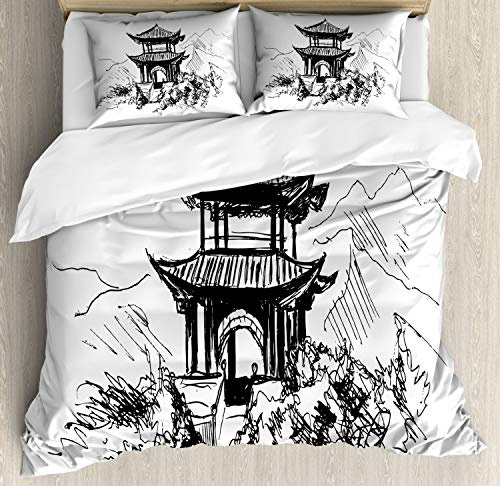 Ambesonne Vintage China Duvet Cover Set, Hand Drawn Black and White Sketching of a Chinese Pavilion with Landscape, Decorative 3 Piece Bedding Set with 2 Pillow Shams, California King, Black White
