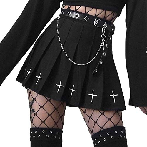 DINGJIUYAN Punk Cross Print Dark Mini Chain Belt Black Uniform Pleated Short High Waist Skirt Tennis School Skirt