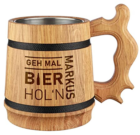 polar-effekt Chope à bière avec gravure personnalisée – 500 ml – en bois de chêne 19,5 cm – avec insert en acier inoxydable – Bière, blé – Anniversaire, Noël, jubilé – Motif GEH mal Bier hol'n