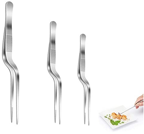 3pcs Pinze da Cucina in Acciaio Inox,Pinzette per Cucina,Pinzetta Curva in Acciaio Inossidabile per Impiattare,Utilizzato in cucina, fatto a mano, cura delle piante.