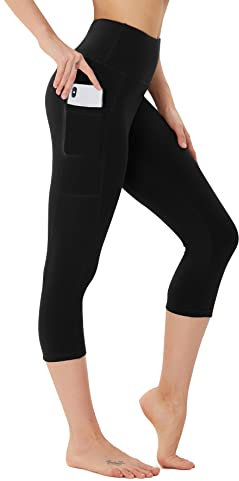FOTOCITI Leggings Damen mit Tasche Capri Leggins High Waist Caprihose Sommer Blickdicht Sportleggins Sporthose Hose Gym Outdoor Yoga(Schwarz,S-M)